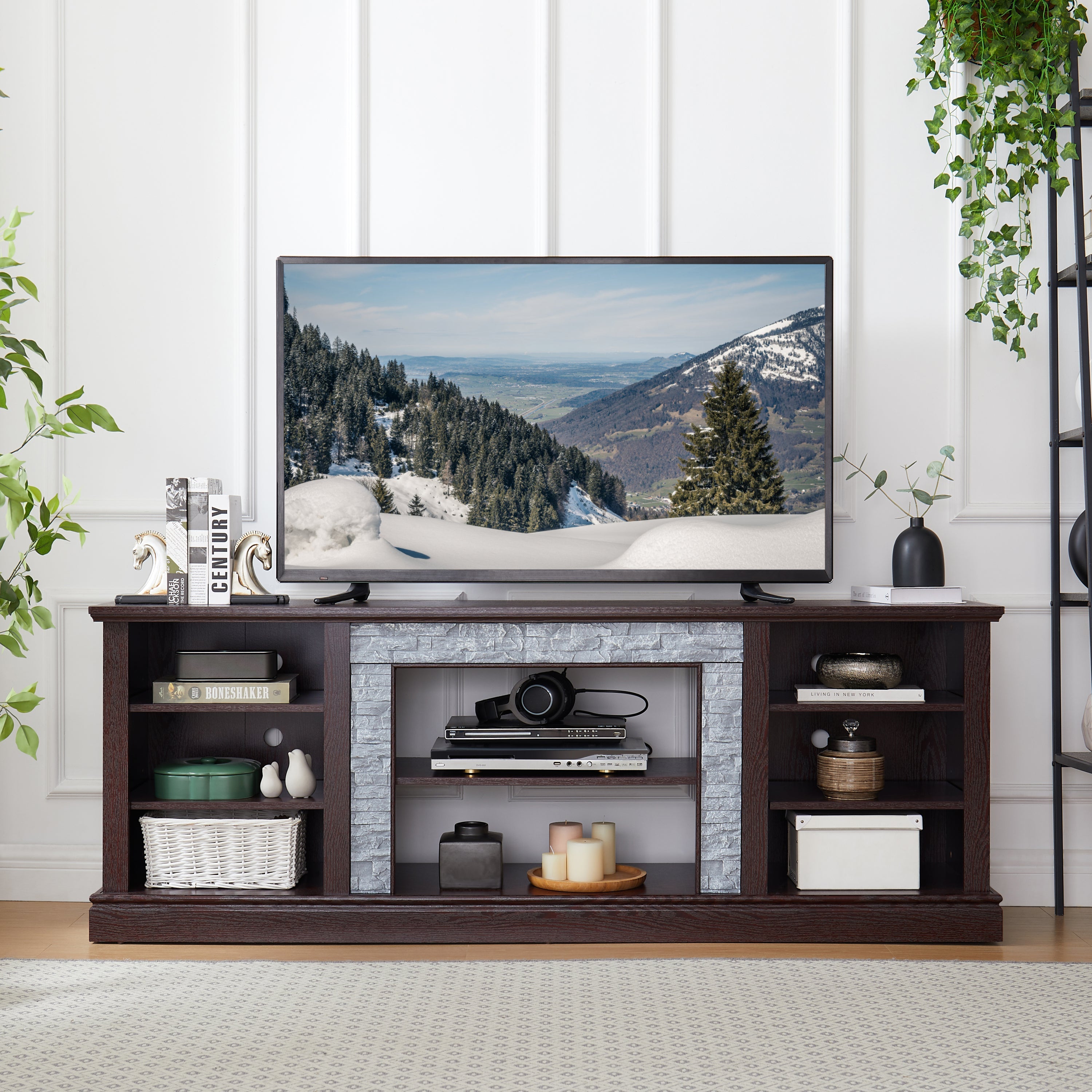 Large Faux Stacked Stone TV Stnad, Desk Storage Rack, Media Console Table with Large Storage Cabinet,Modern TV Media Entertaionment Stand,Cherry, 70.12'W*15.35'D*25.83'H