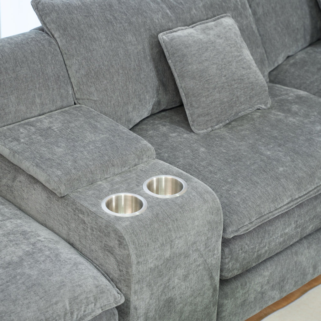 U Shaped Sectional Cloud Couch for Living Room,144' Comfy Fluffy Modular Sofa with Movable Ottoman Modern Chenille 6 Seat Sectional Sofa Set with Console, Cup Holders, Grey