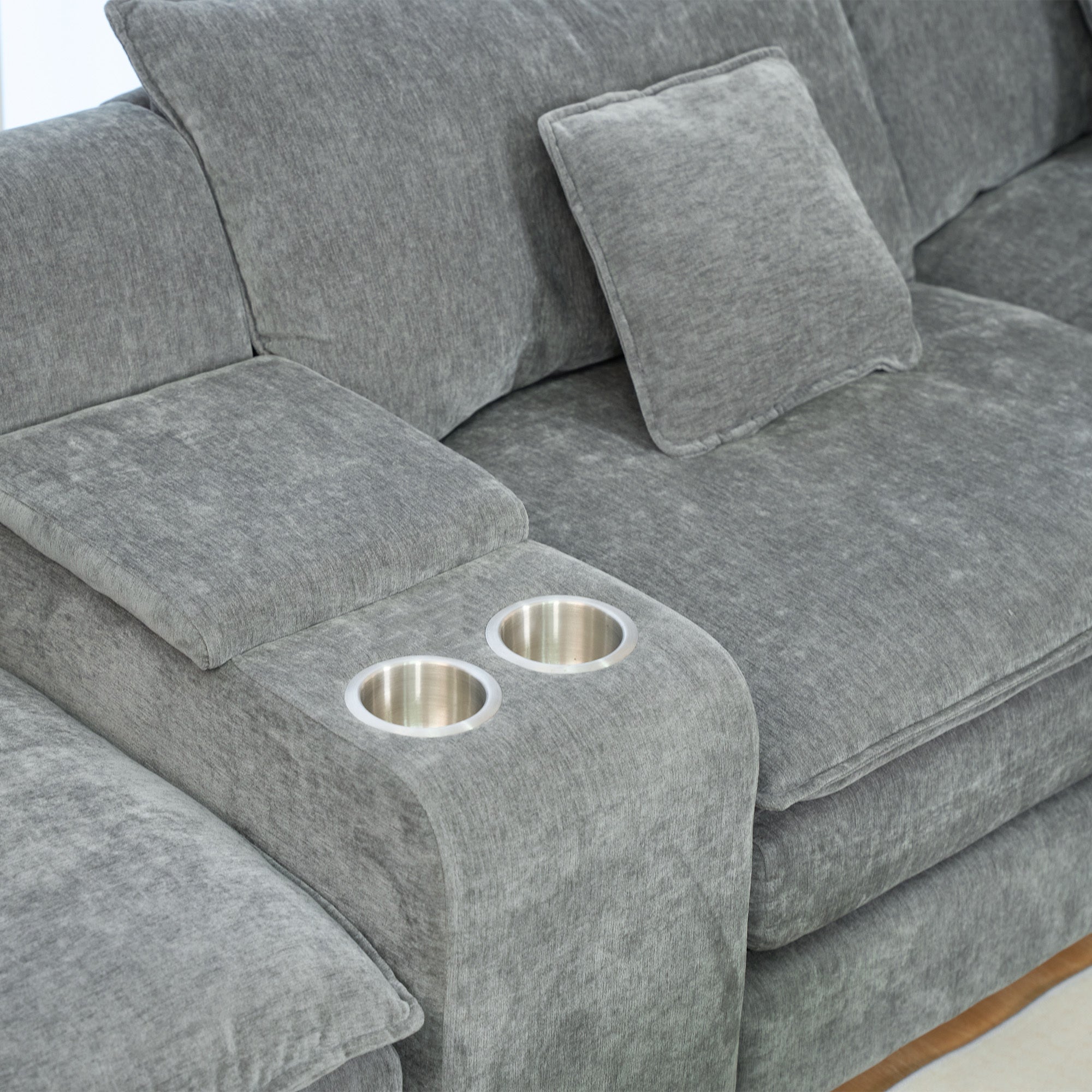 U Shaped Sectional Cloud Couch for Living Room,144' Comfy Fluffy Modular Sofa with Movable Ottoman Modern Chenille 6 Seat Sectional Sofa Set with Console, Cup Holders, Grey