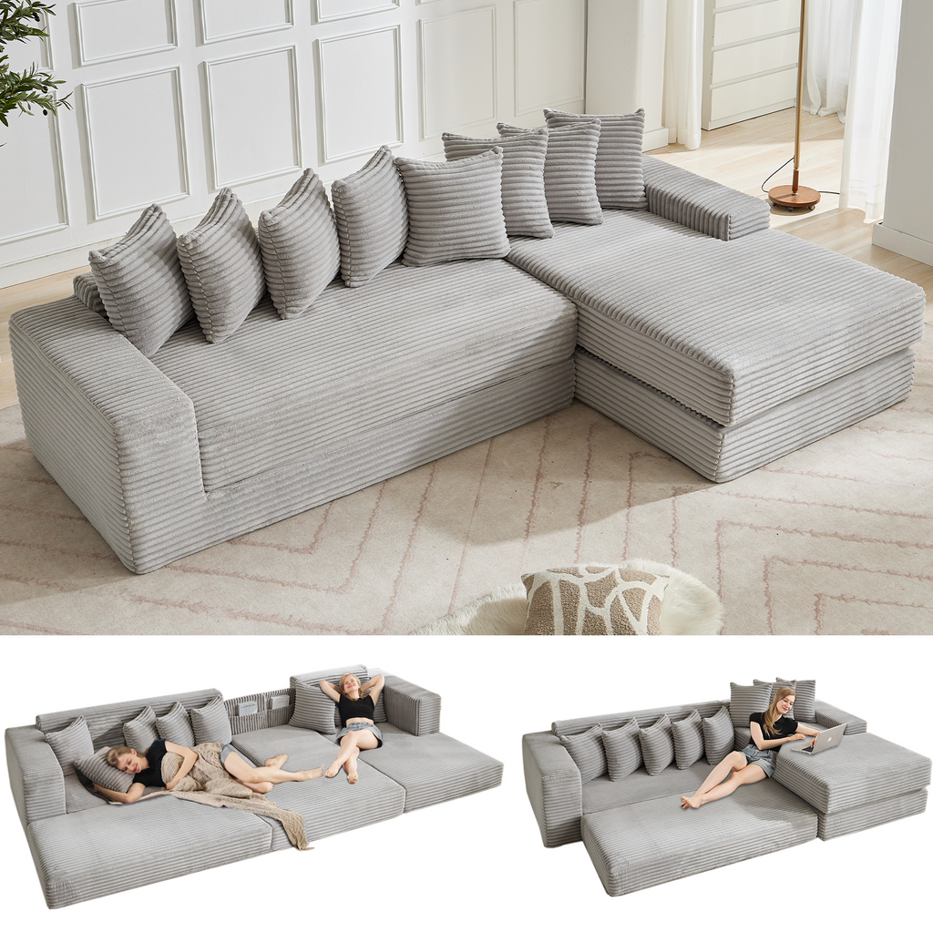 [NEW ARRIVED] [VIDEO PROVIDED] Oversize Cloud Couch, L-Shape Sofa, Convertible Floor Sleeper Sofa Bed, No Assembly ,Eight pillows,3-in-1,Magazine bag,(Right Facing Sofa),3 Seat,Corduroy,Light Gray