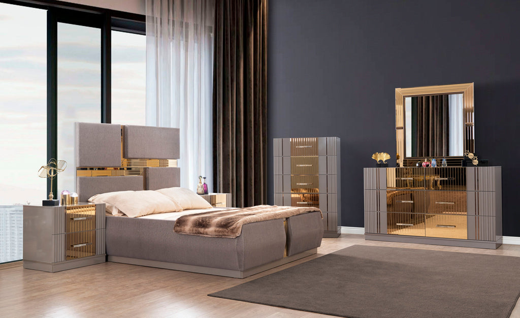 Lorenzo King 5 Pc Tufted Upholstery Bedroom set made with Wood and gold Accents  in Gray(NJ Warehouse Inventory)