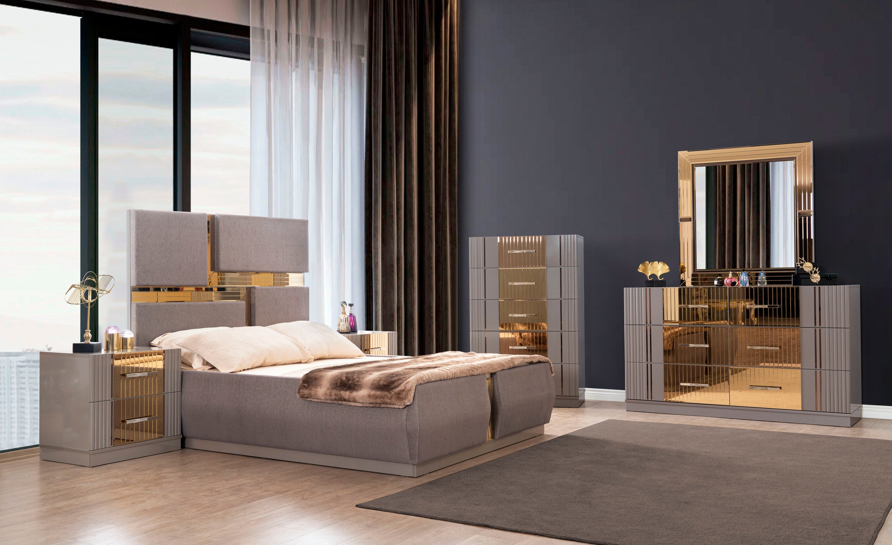 Lorenzo Queen 5 Pc Tufted Upholstery Bedroom set made with Wood and Gold Accents in Gray(CA Warehouse Inventory)