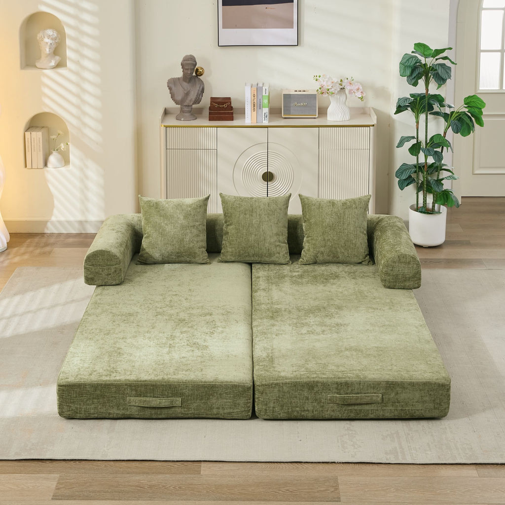 Comfy Convertible Folding Mattress Couch, Floor Sofa Bed, Chenille Floor Sofa with Armrest, Floor Sofa Lounge Couch for Living Room Bedroom Lounge Studio-Green