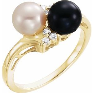 14K Yellow Gold Cultured Black & White Akoya Pearl & 1/10 CTW Natural Diamond Ring