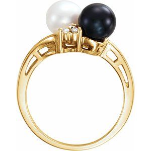14K Yellow Gold Cultured Black & White Akoya Pearl & 1/10 CTW Natural Diamond Ring