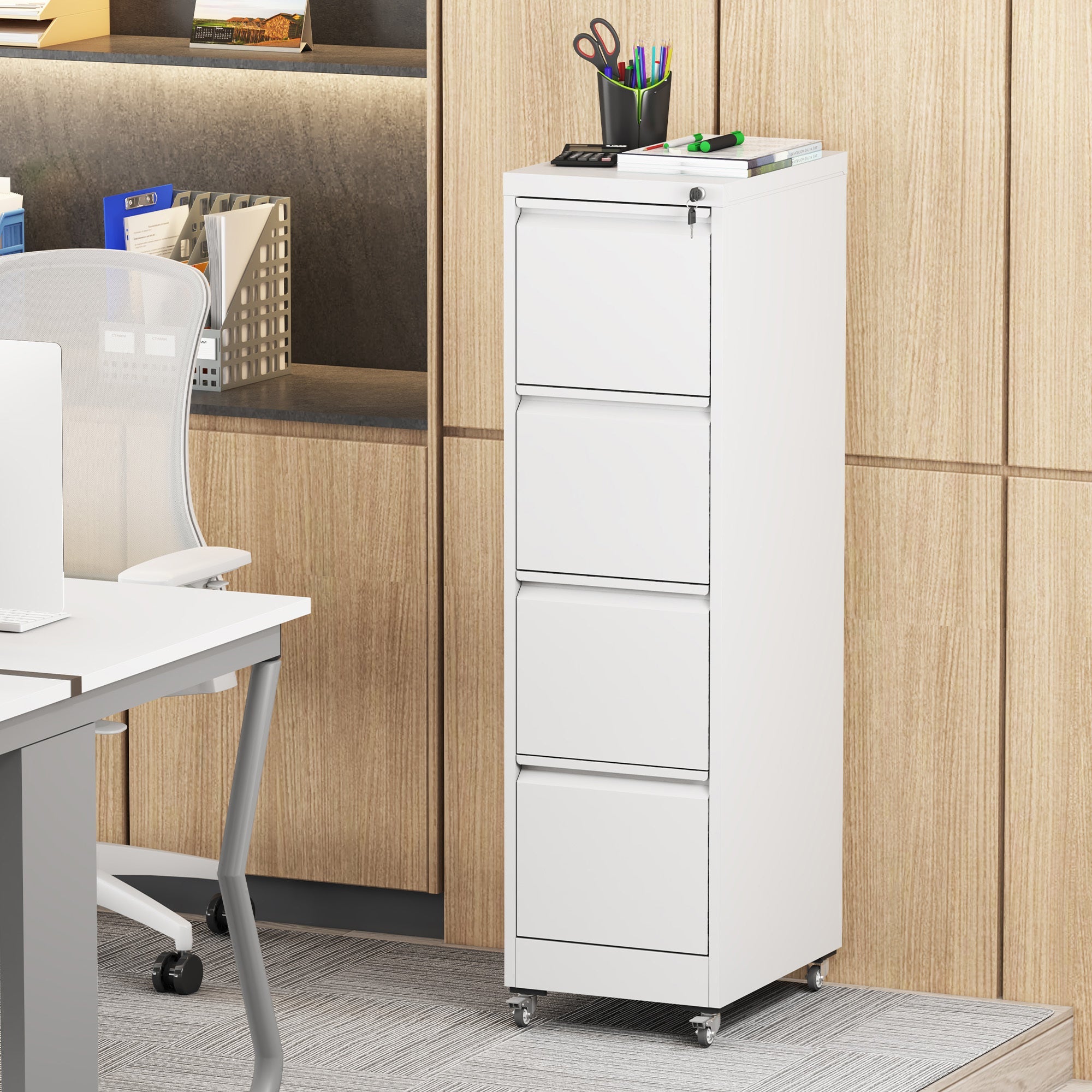 4 Drawer Metal Locking Vertical File Cabinet with Wheels - Heavy-Duty Lockable Storage for Home & Office, Black and White, 17.71'D x 15.16'W x 52.28'H