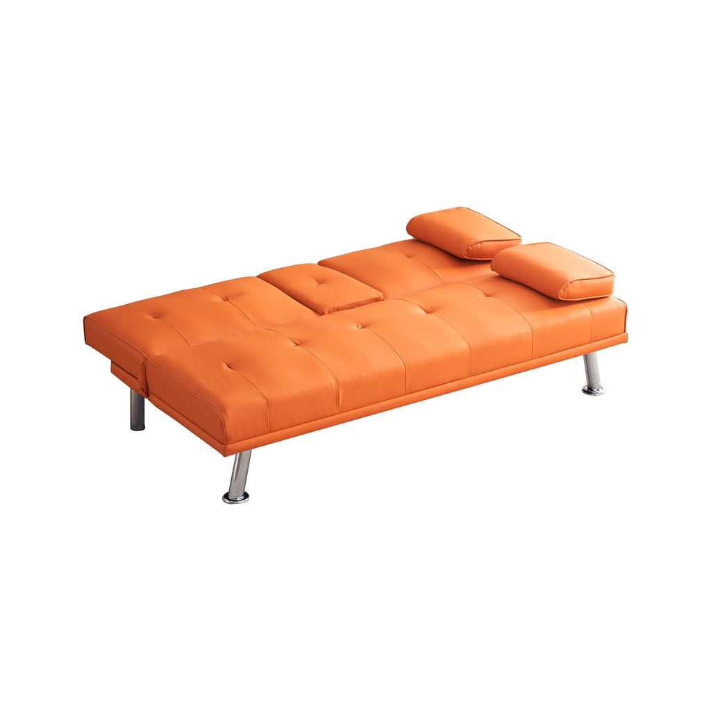 67' Orange Leather Office Sofa Bed, Double Fold, with Coffee Table, Multifunctional