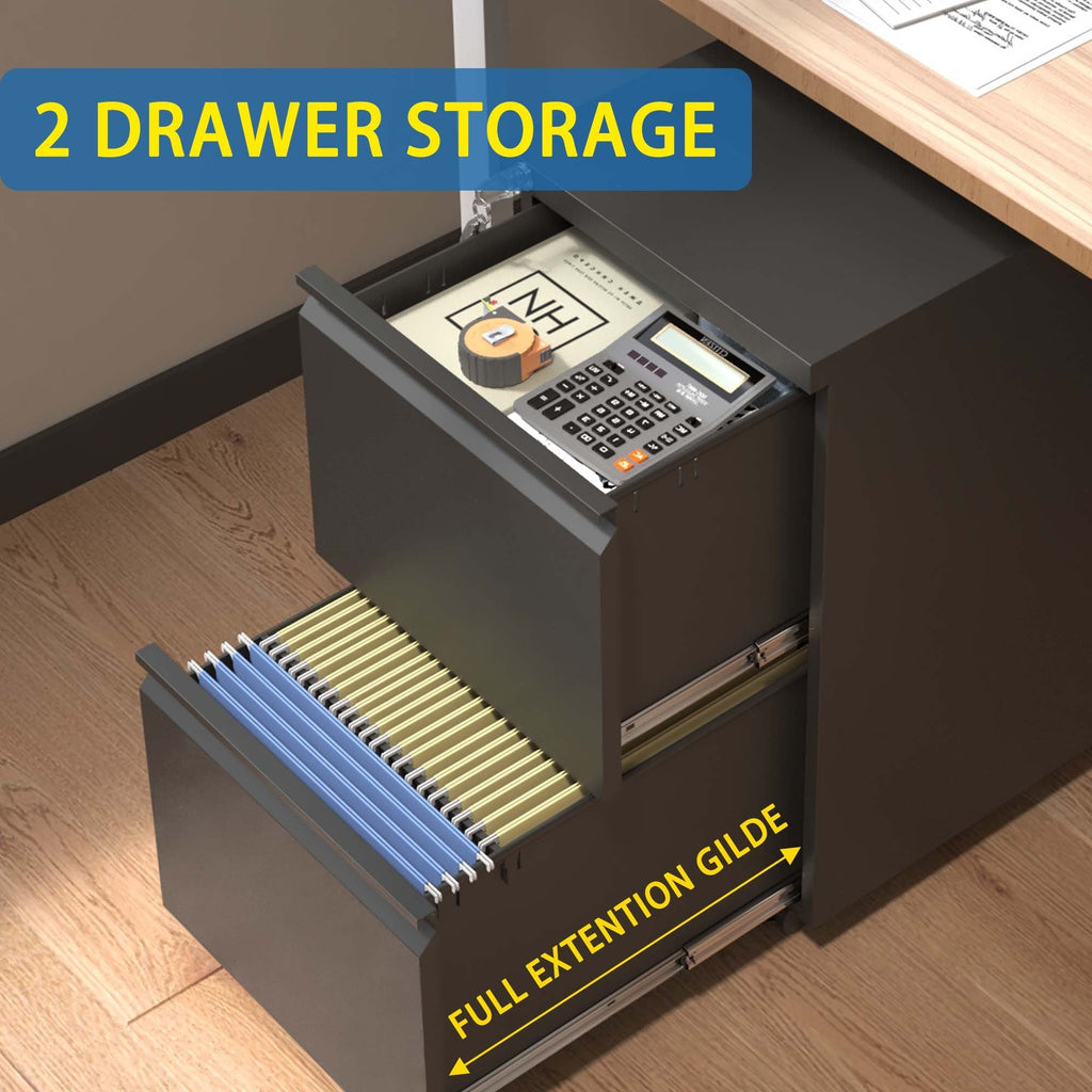 Sleek Modern 2 Drawer Metal Mobile File Cabinet with Lock, Black, Compact Size