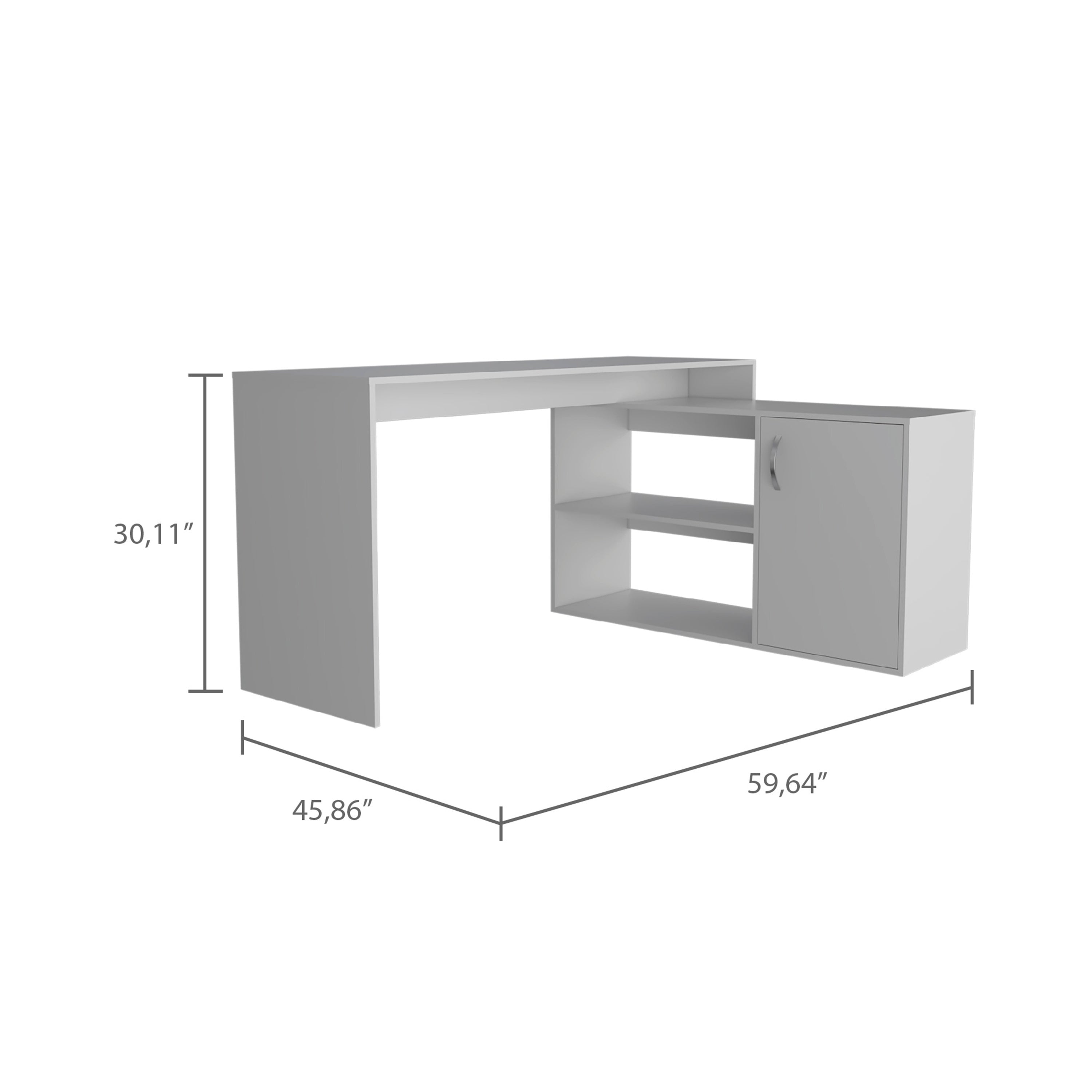 L-Shaped Desk, Single Door Cabinet, Two Open Shelves, Two Interior Shelves, White