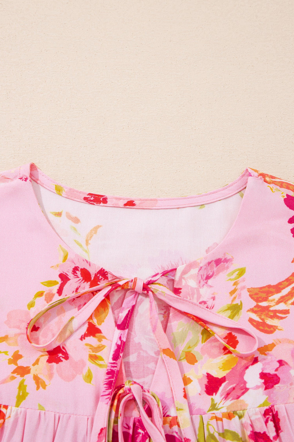 Floral Tie Neck 3/4 Puff Sleeve Blouse