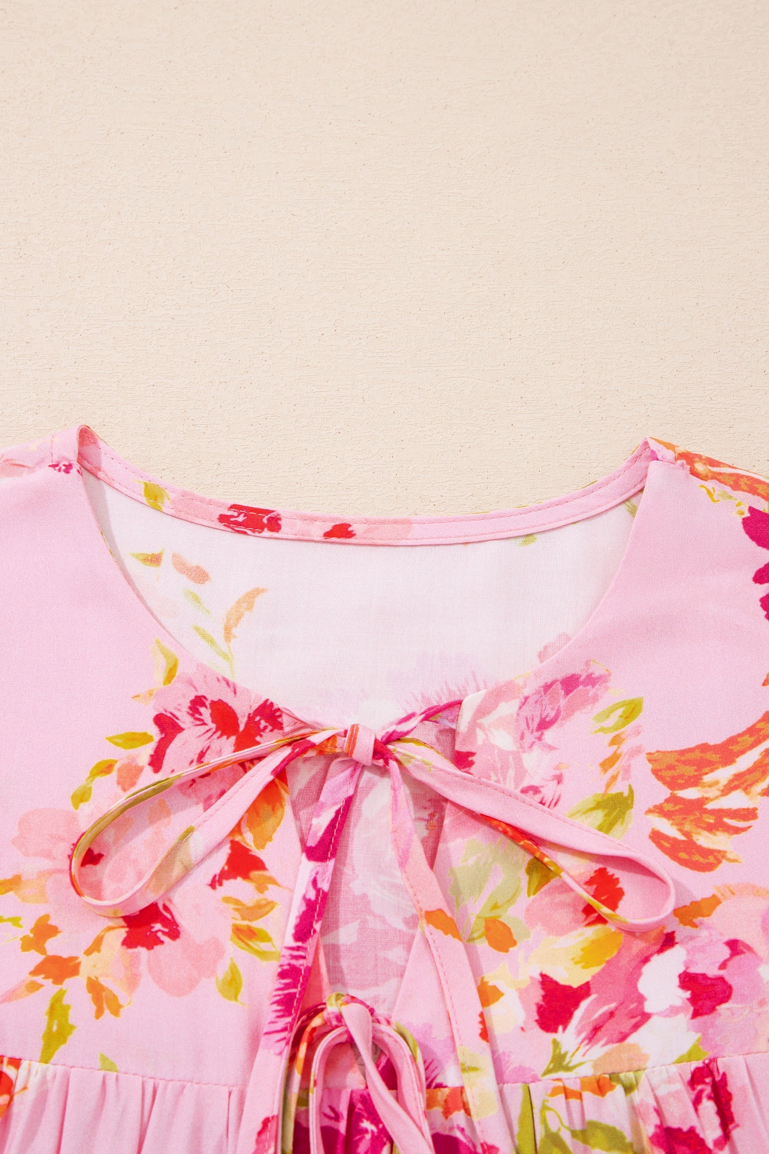 Floral Tie Neck 3/4 Puff Sleeve Blouse