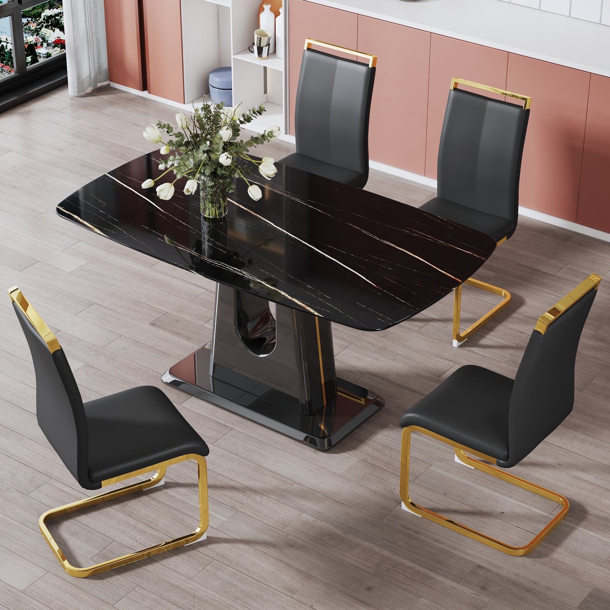A modern, minimalist, and luxurious table. A black imitation marble tabletop with MDF U-shaped legs. Dining table, computer table. For restaurants and living rooms 63' * 35.4'* 30' F-U