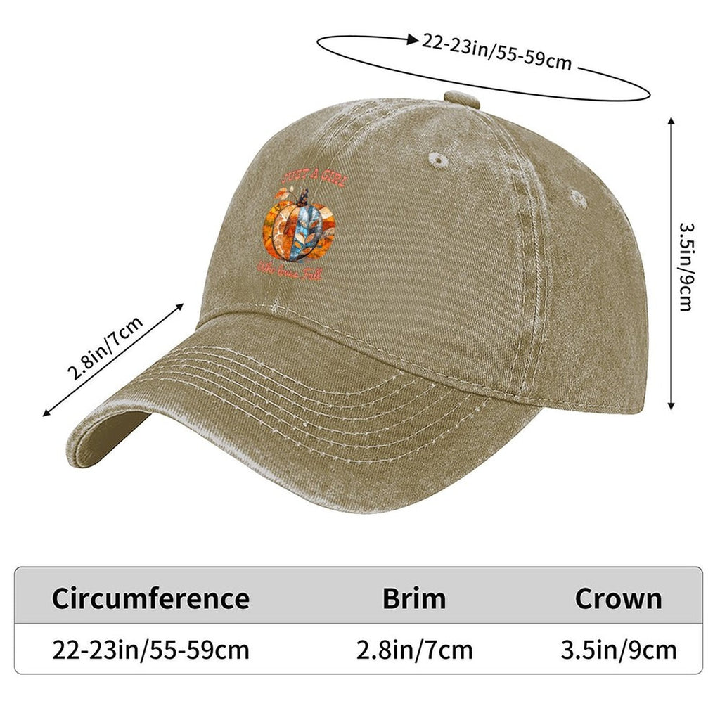 Just a Girl Who Loves Fall Pumpkins Cotton Vintage Washed Denim Baseball Cap (Front Printing)