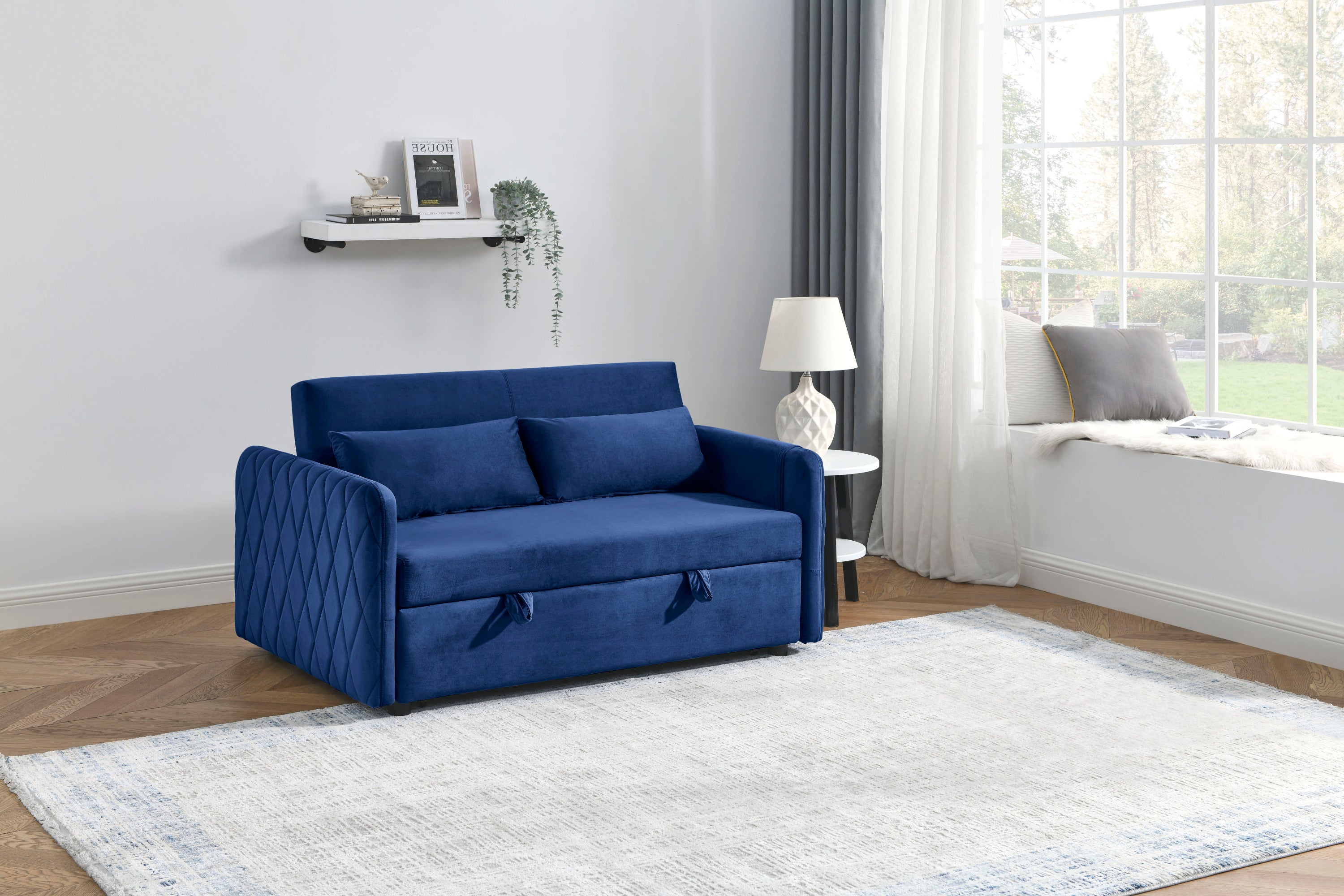 55' Modern Convertible Sofa Bed with 2 Detachable Arm Pockets, Velvet Loveseat Sofa with Pull Out Bed, 2 Pillows and Living Room Adjustable Backrest, Grid Design Armrests