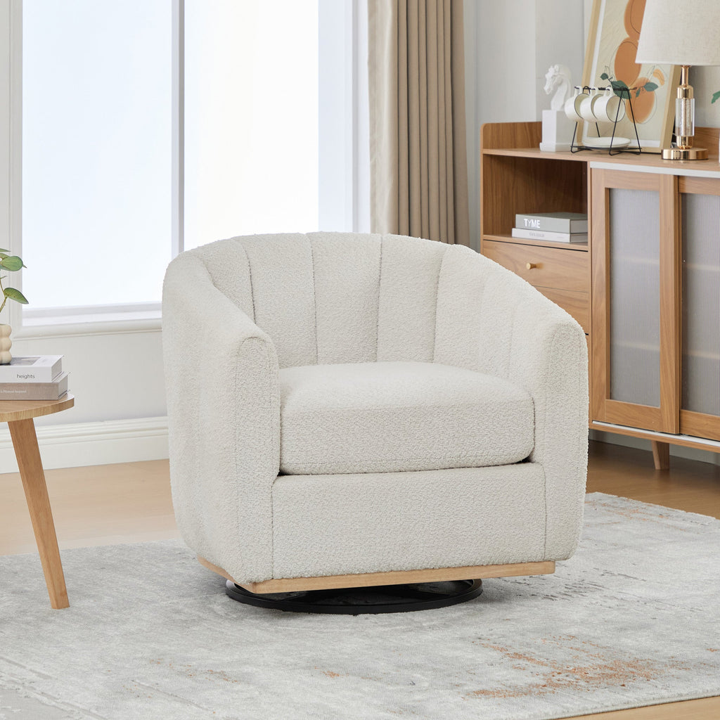 Modern Ivory Chenille Cushioned Metal Base Swivel Barrel Chair, 32.28' Wide Upholstered Tufted Pumpkin-Shape Club Armchair