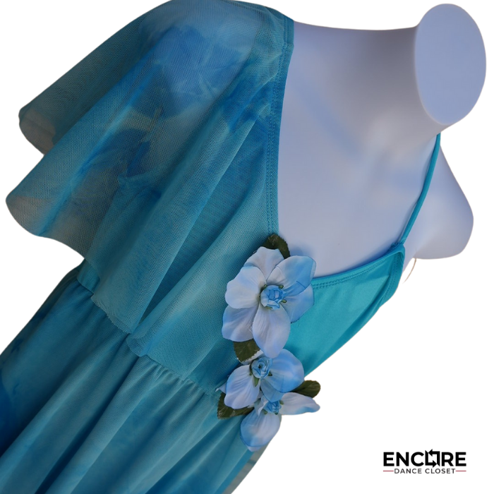 Turquoise Tie-Dye Leotard Dress with Flower Detail
