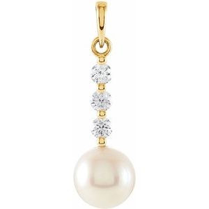 14K Yellow Gold Cultured White Freshwater Pearl & 1/4 CTW Natural Diamond Pendant
