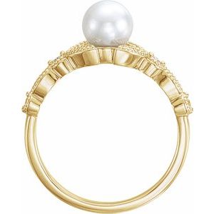 14K Yellow Gold Cultured White Freshwater Pearl & 1/10 CTW Natural Diamond Leaf Ring