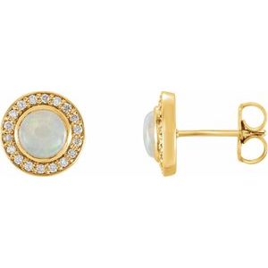14K Yellow Gold 6 mm Natural White Opal & 1/5 CTW Natural Diamond Halo-Style Earrings