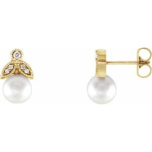 14K Yellow Gold Cultured White Freshwater Pearl & .06 CTW Natural  Diamond Earrings
