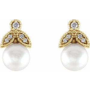14K Yellow Gold Cultured White Freshwater Pearl & .06 CTW Natural  Diamond Earrings