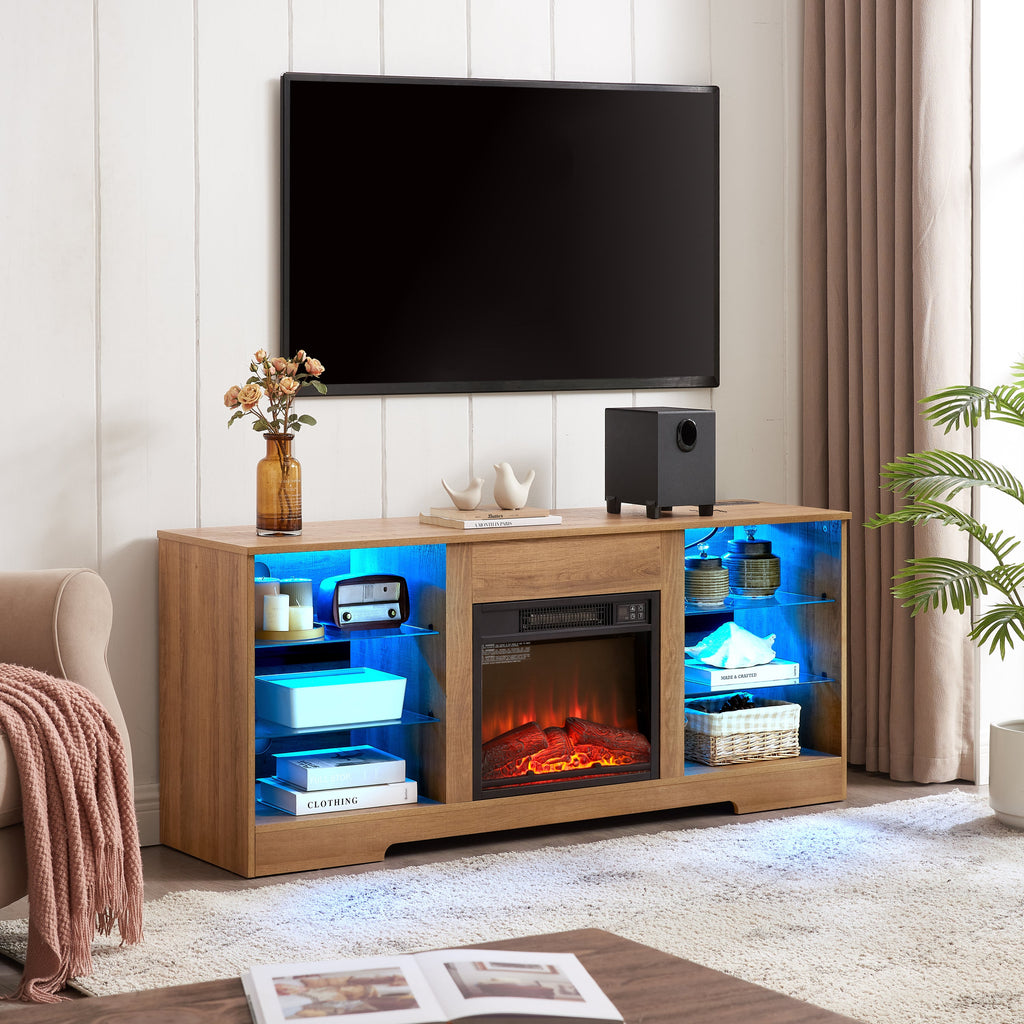 TV Stand Electric Fireplace  Glass Shelves, 3D Fireplace TV Stand with LED Lights Wood with USB Charging Outlet Modern Television Table Center for TV up to 62' OAK 58''W*15.5''D*24.4