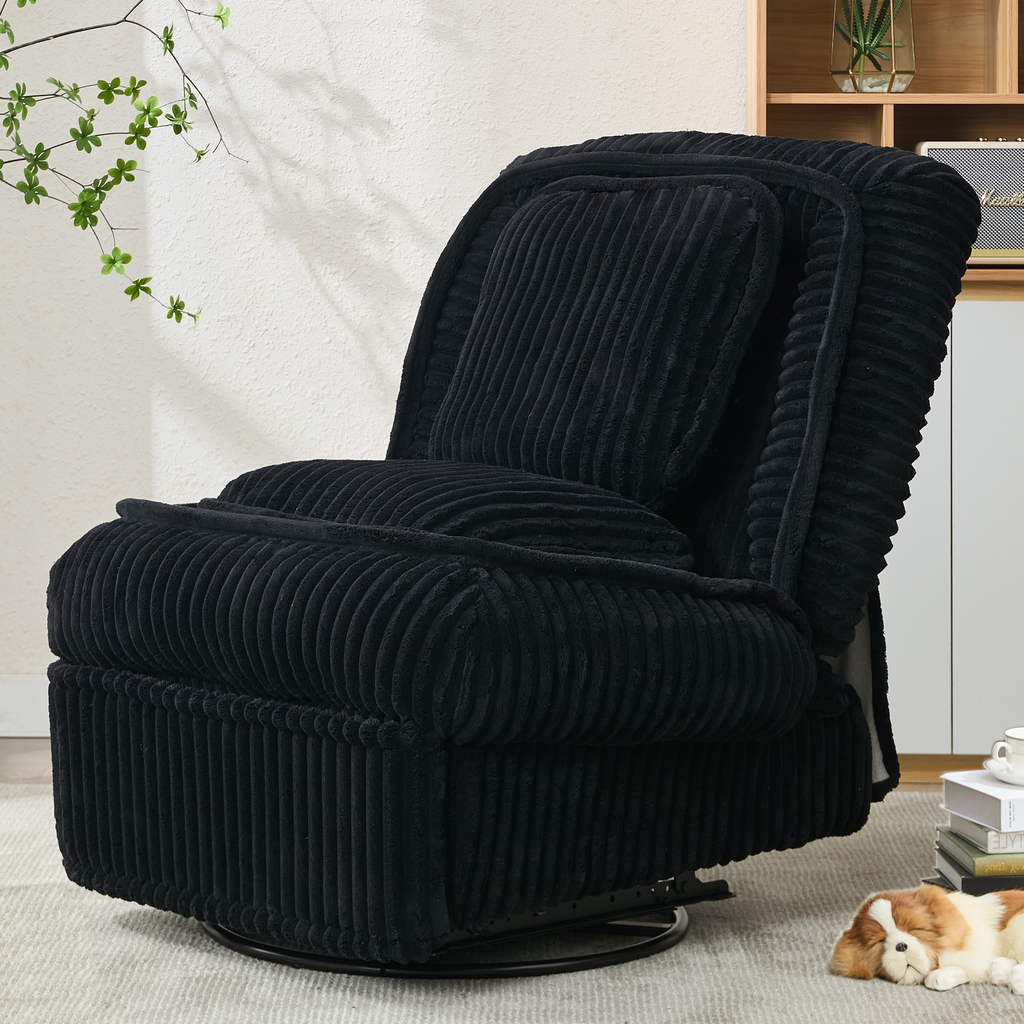 [NEW ARRIVED] 360° Swivel Rocking Single Sofa,Recliner Sofa, Manual Glider Rocking Armless Chair,Living Room Office, With Adjustable Backrest and Footrest and pillows, Small Spaces,Corduroy , Black
