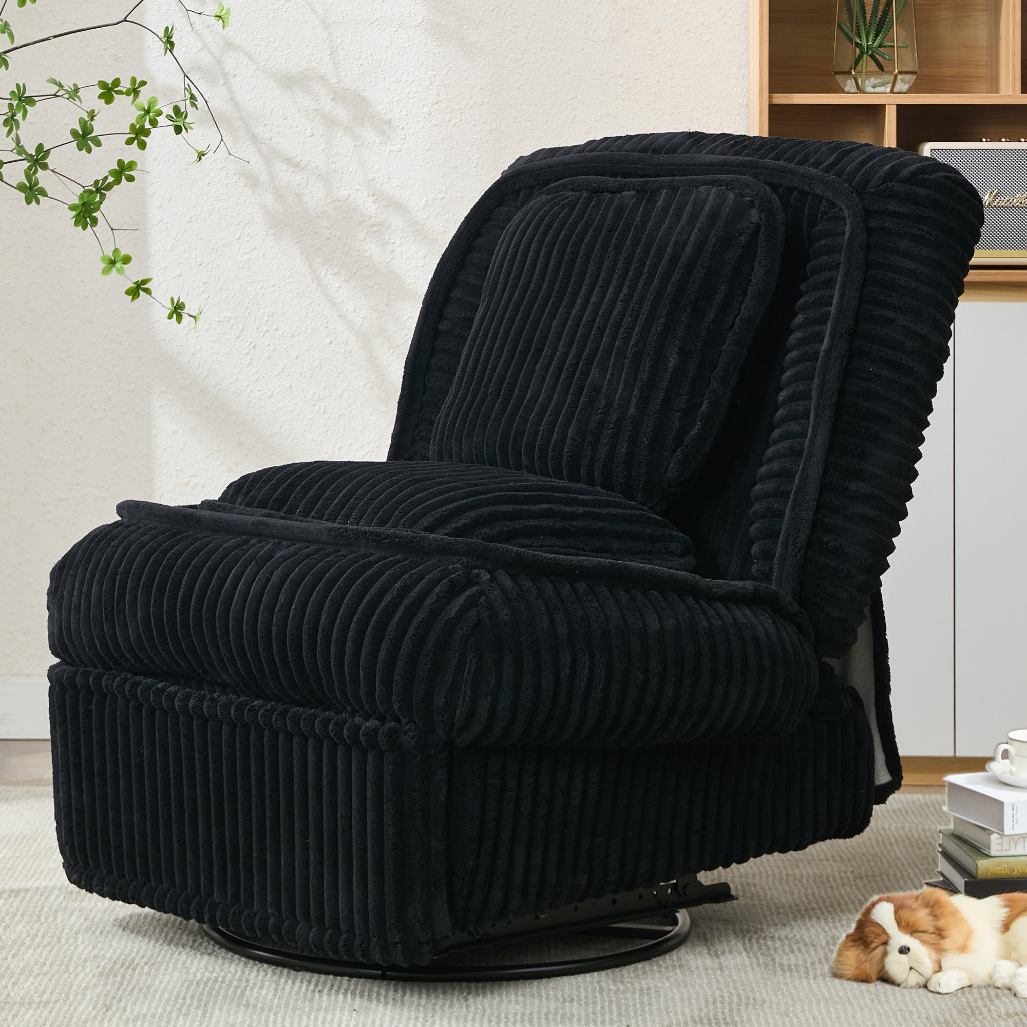 [NEW ARRIVED] 360° Swivel Rocking Single Sofa,Recliner Sofa, Manual Glider Rocking Armless Chair,Living Room Office, With Adjustable Backrest and Footrest and pillows, Small Spaces,Corduroy , Black
