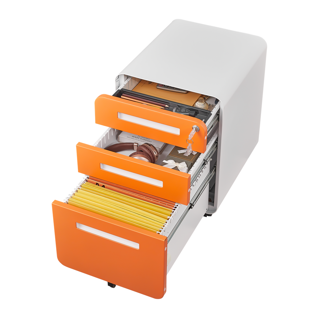 Rounded 3 drawer mobile filing cabinet, multifunctional legal/letter/A4 file storage cabinet, 5-wheel design anti tilt cold-rolled steel, with pencil storage box,