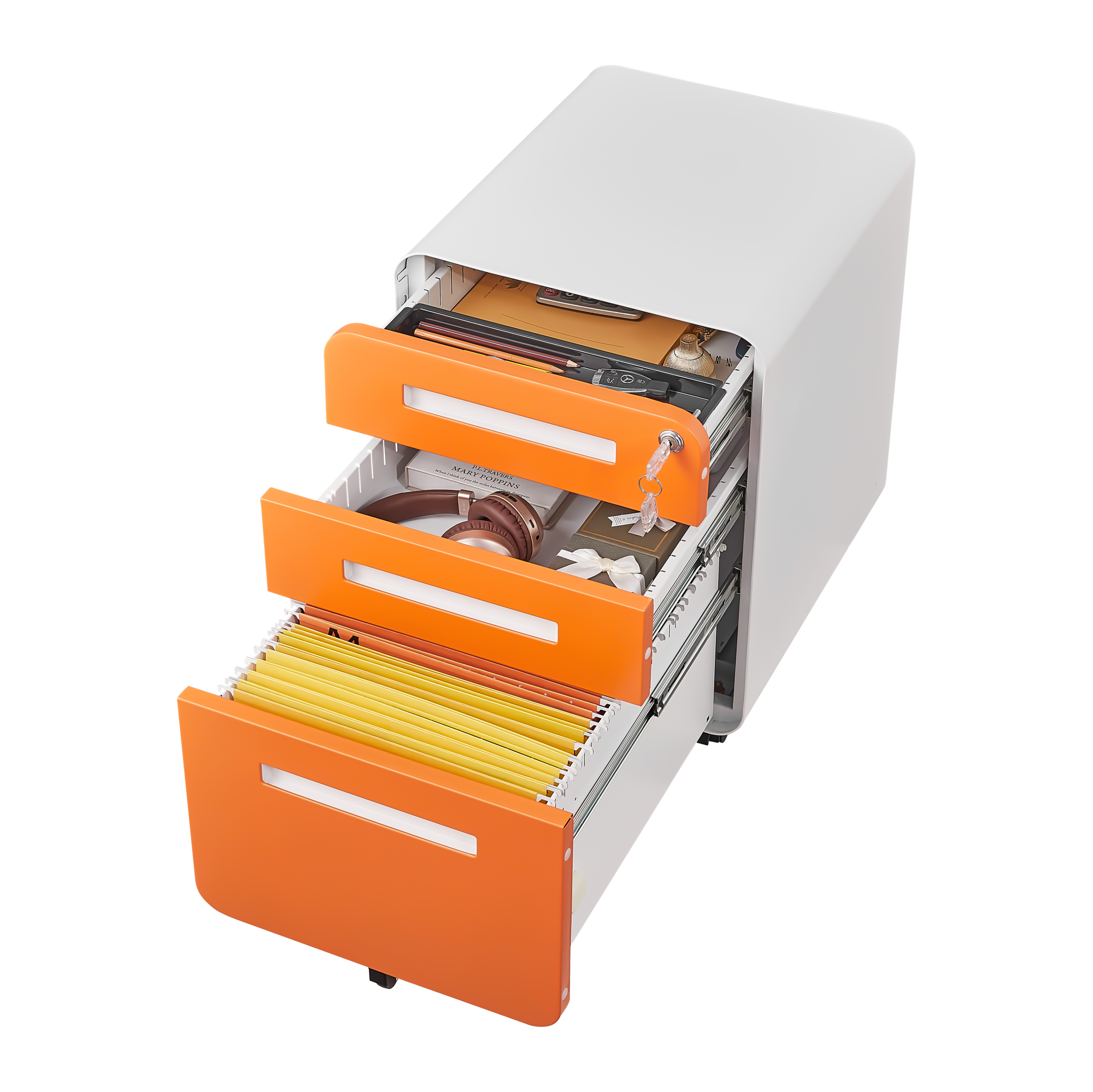Rounded 3 drawer mobile filing cabinet, multifunctional legal/letter/A4 file storage cabinet, 5-wheel design anti tilt cold-rolled steel, with pencil storage box,