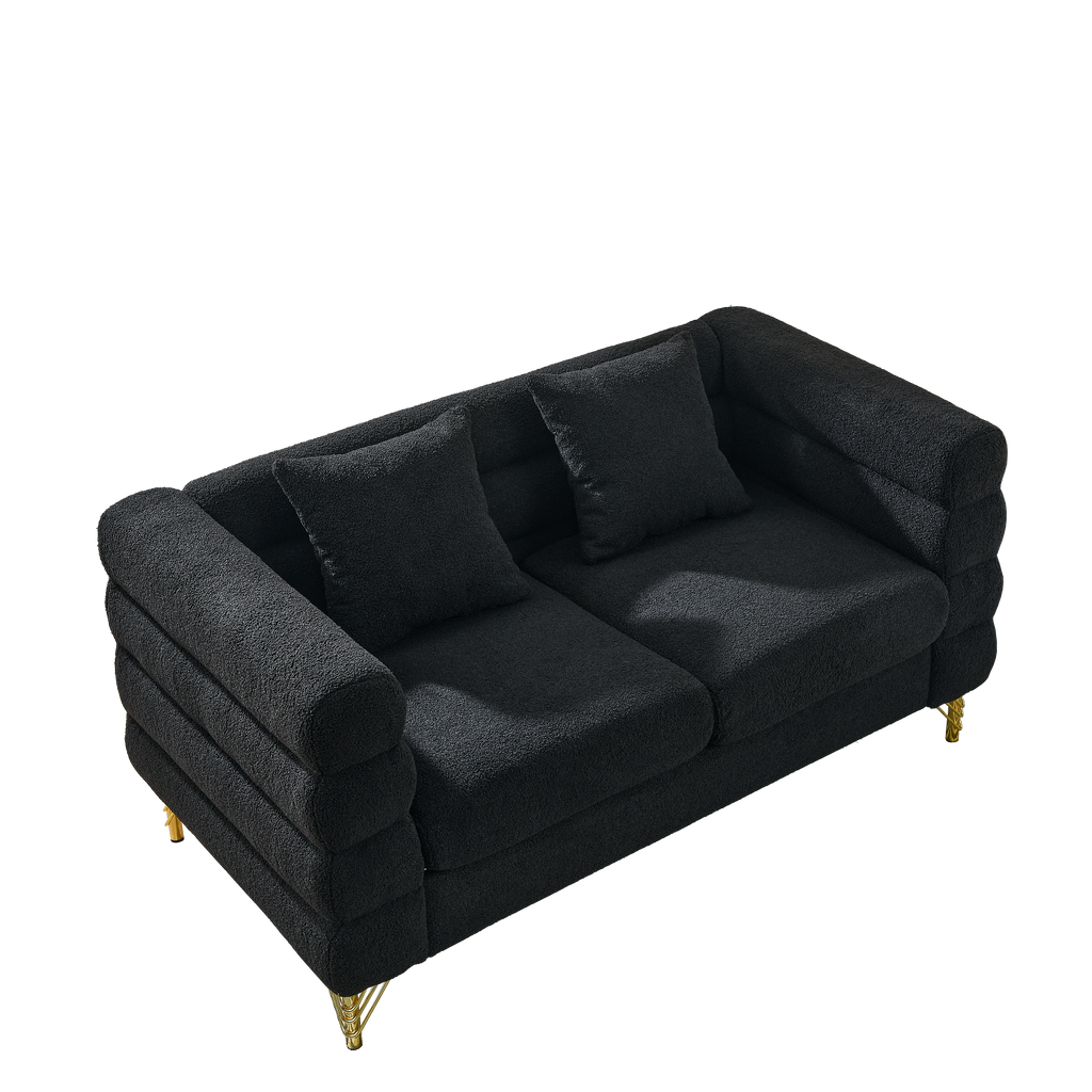 60Inch Oversized 2 Seater Sectional Sofa, Living Room Comfort Fabric Sectional Sofa-Deep Seating Sectional Sofa, Soft Sitting with 2 Pillows for Living Room, Bedroom, Office, Black teddy(W834S00030)