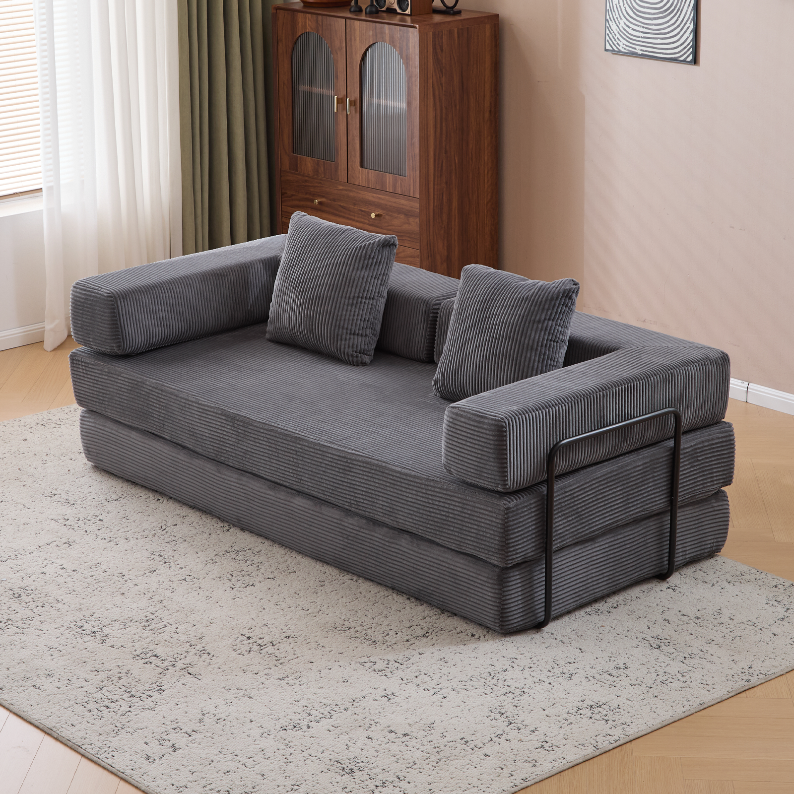 Floor Couch,Compression Sofa,Convertible Floor Sofa Bed-with Pillow Back Support Armrest,Comfy Futon Couch Lounge Sleeper Bed,Corduroy Fabric,for Living Room Bedroom (dark grey)