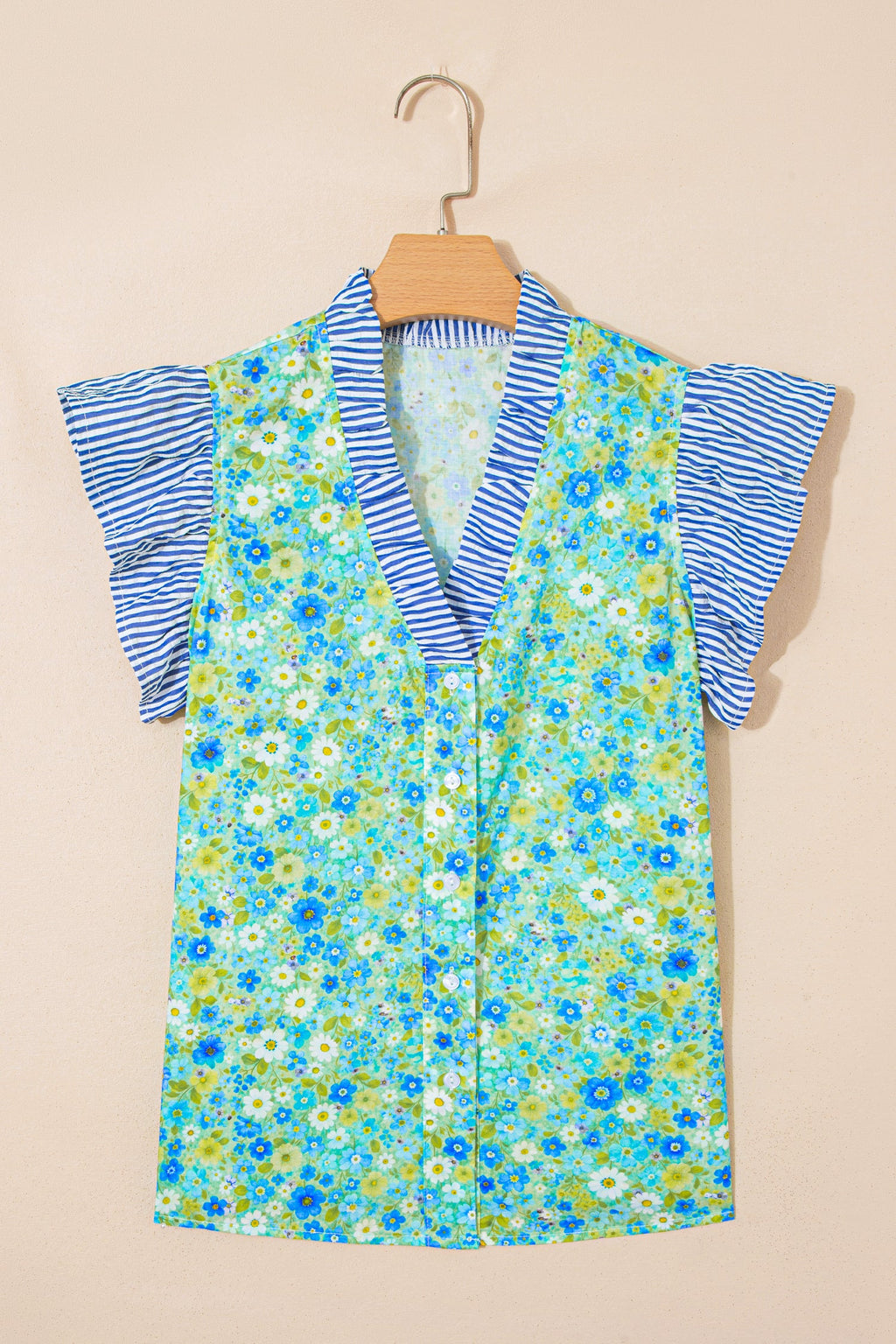 Floral Stripe Patchwork Flutter Sleeve V-Neck Blouse