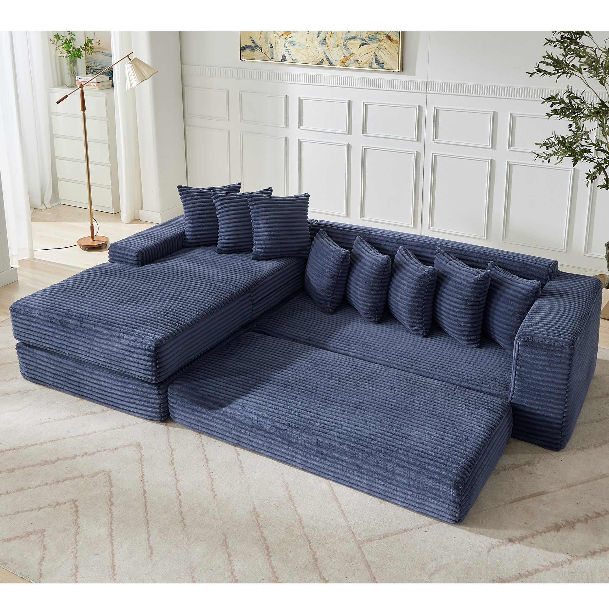 [NEW ARRIVED] [VIDEO PROVIDED]   Oversize Cloud Couch, L-Shape Sofa, Convertible Floor Sleeper Sofa Bed,  No Assembly ,Eight  pillows,3-in-1,Side Pocket,(Left Facing Sofa),3 Seat,Corduroy,Blue