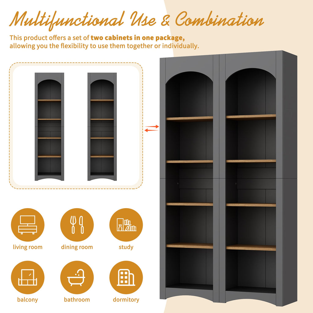 ON-TREND Free Standing 5 Tier Bookshelves, Bookcases Set of 2, Farmhouse Two-Tone Storage Cabinet with Adjustable Shelves, Modern 72'H Kitchen Pantry Cabinet for Living Room, Home Office, Grey