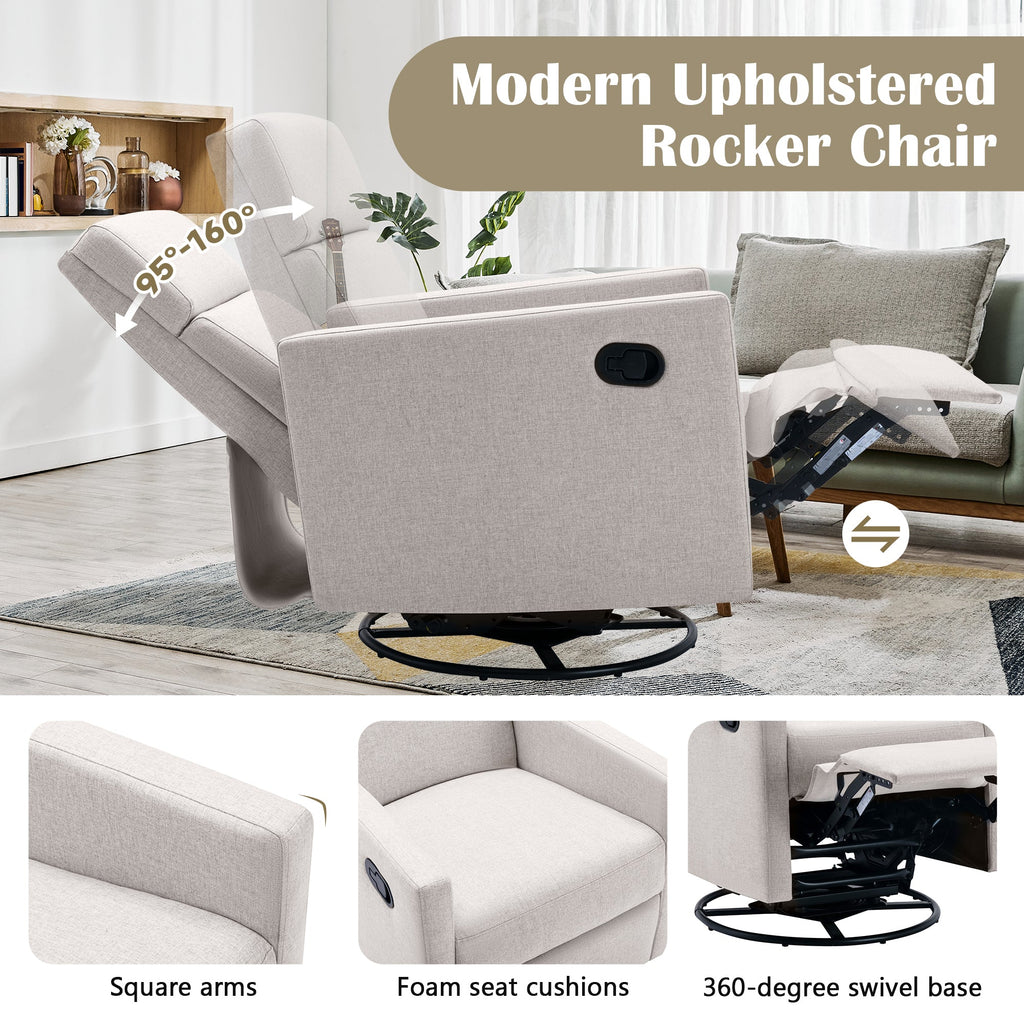 Modern Upholstered Rocker Nursery Chair with Plush Seating, Tan Linen, Swivel Recliner