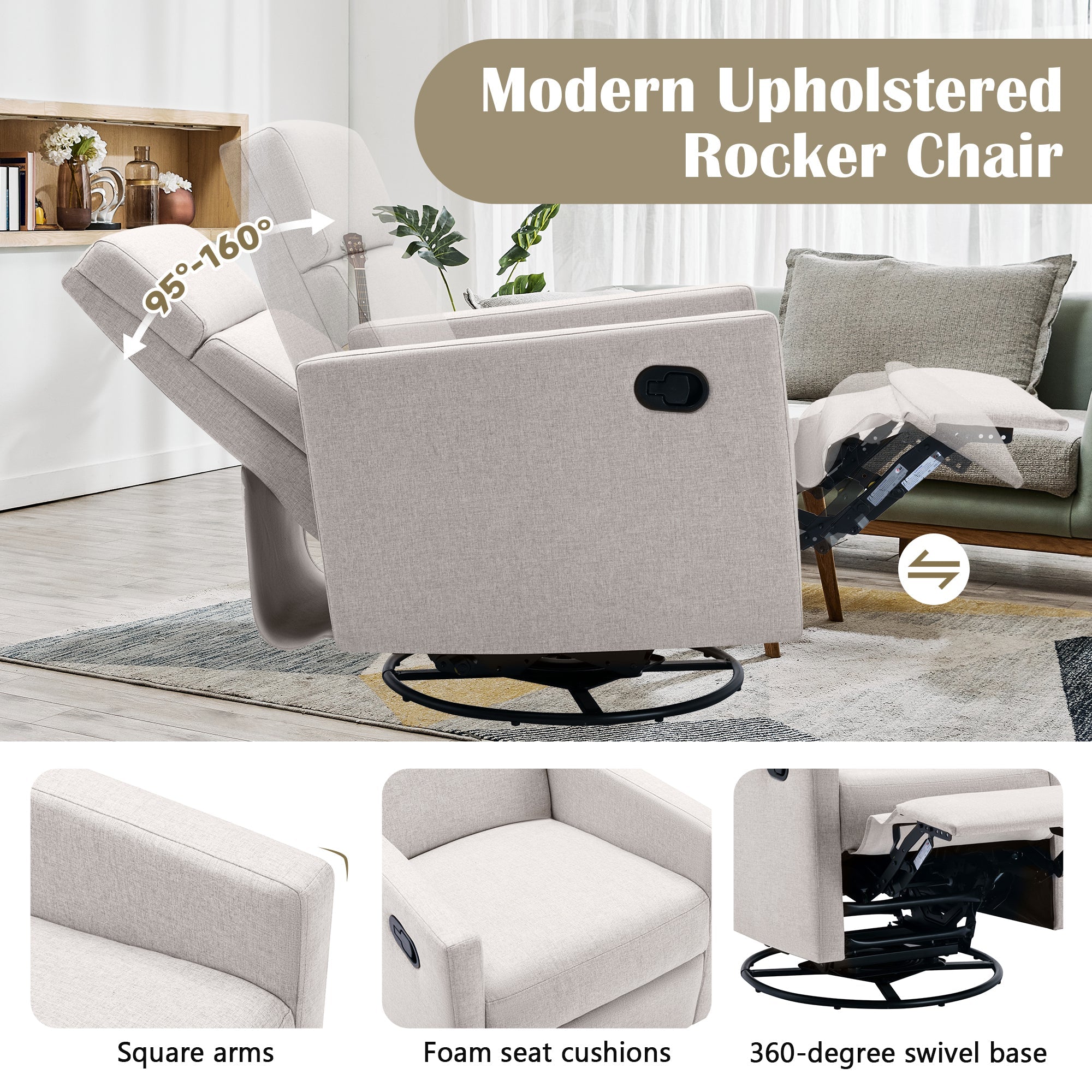 Modern Upholstered Rocker Nursery Chair with Plush Seating, Tan Linen, Swivel Recliner