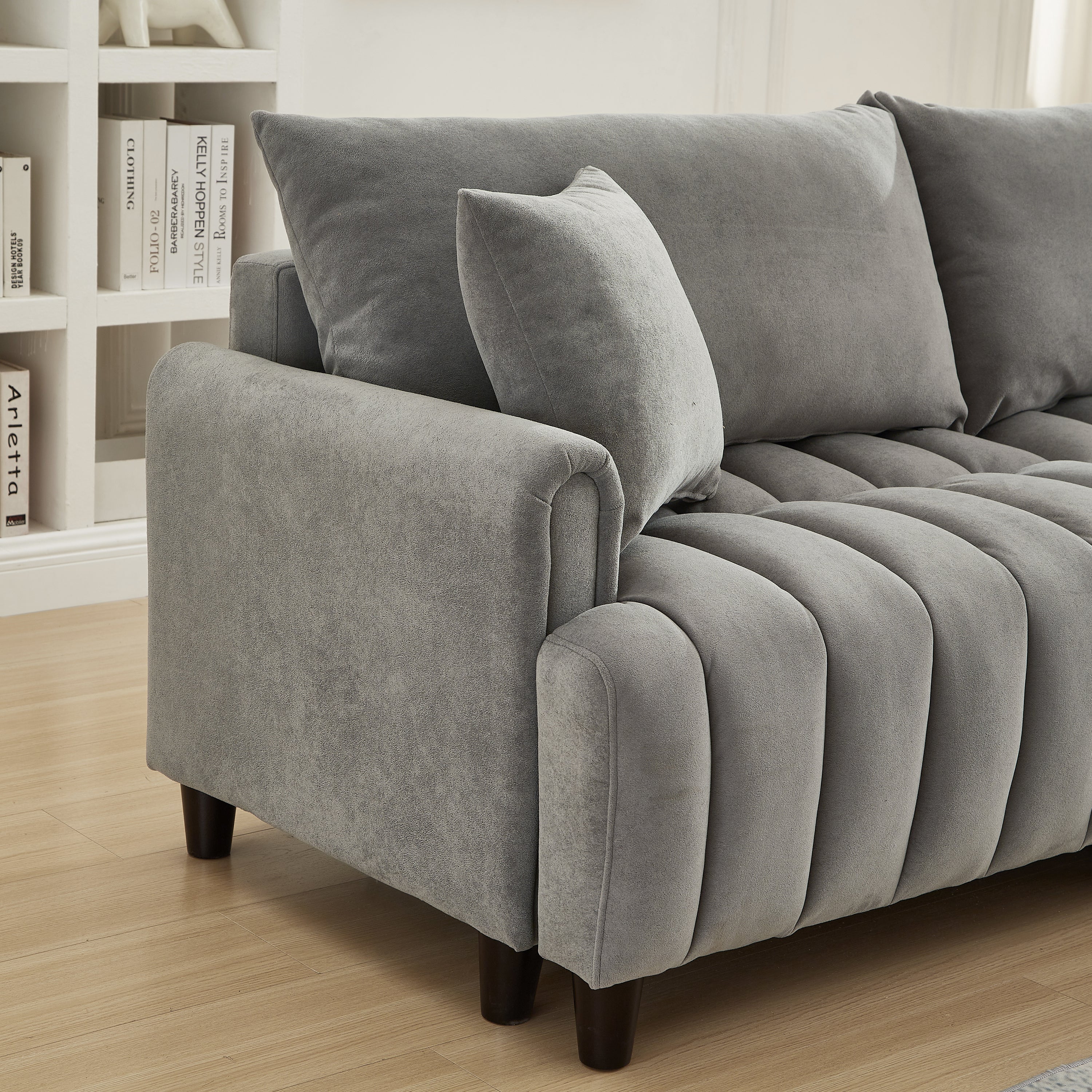 83'' Futon Sofa Bed, Polyester Fabric Comfy Futon Couch Bed with 2 Square Pillows, Convertible Sleeper Sofa with Adjustable Backrest,  Modern Loveseat Sleeper for Living Room, Gray
