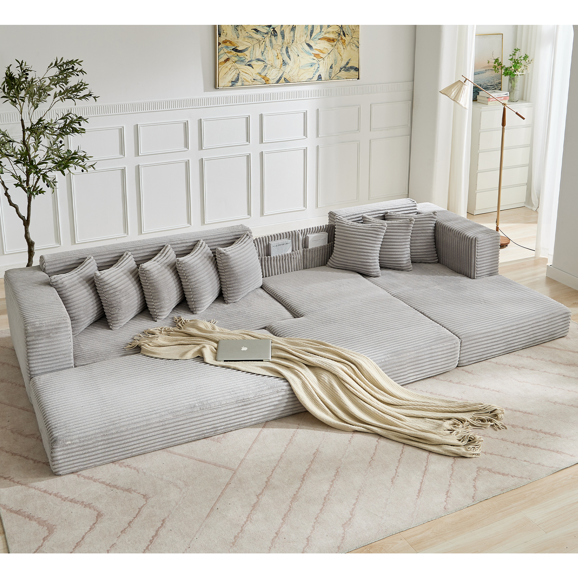 [NEW ARRIVED] [VIDEO PROVIDED] Oversize Cloud Couch, L-Shape Sofa, Convertible Floor Sleeper Sofa Bed, No Assembly ,Eight pillows,3-in-1,Magazine bag,(Right Facing Sofa),3 Seat,Corduroy,Light Gray