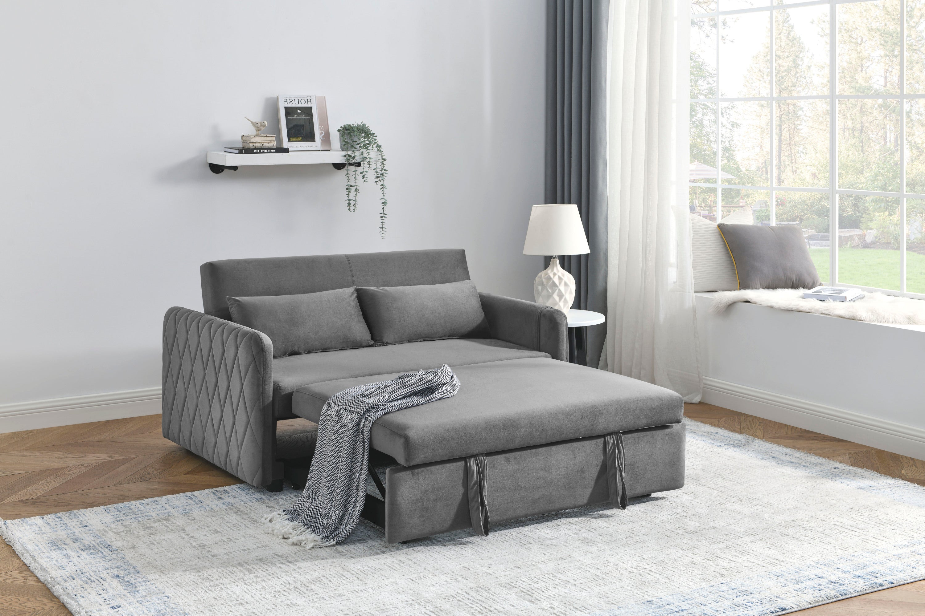 55' Modern Convertible Sofa Bed with 2 Detachable Arm Pockets, Velvet Loveseat Sofa with Pull Out Bed, 2 Pillows and Living Room Adjustable Backrest, Grid Design Armrests