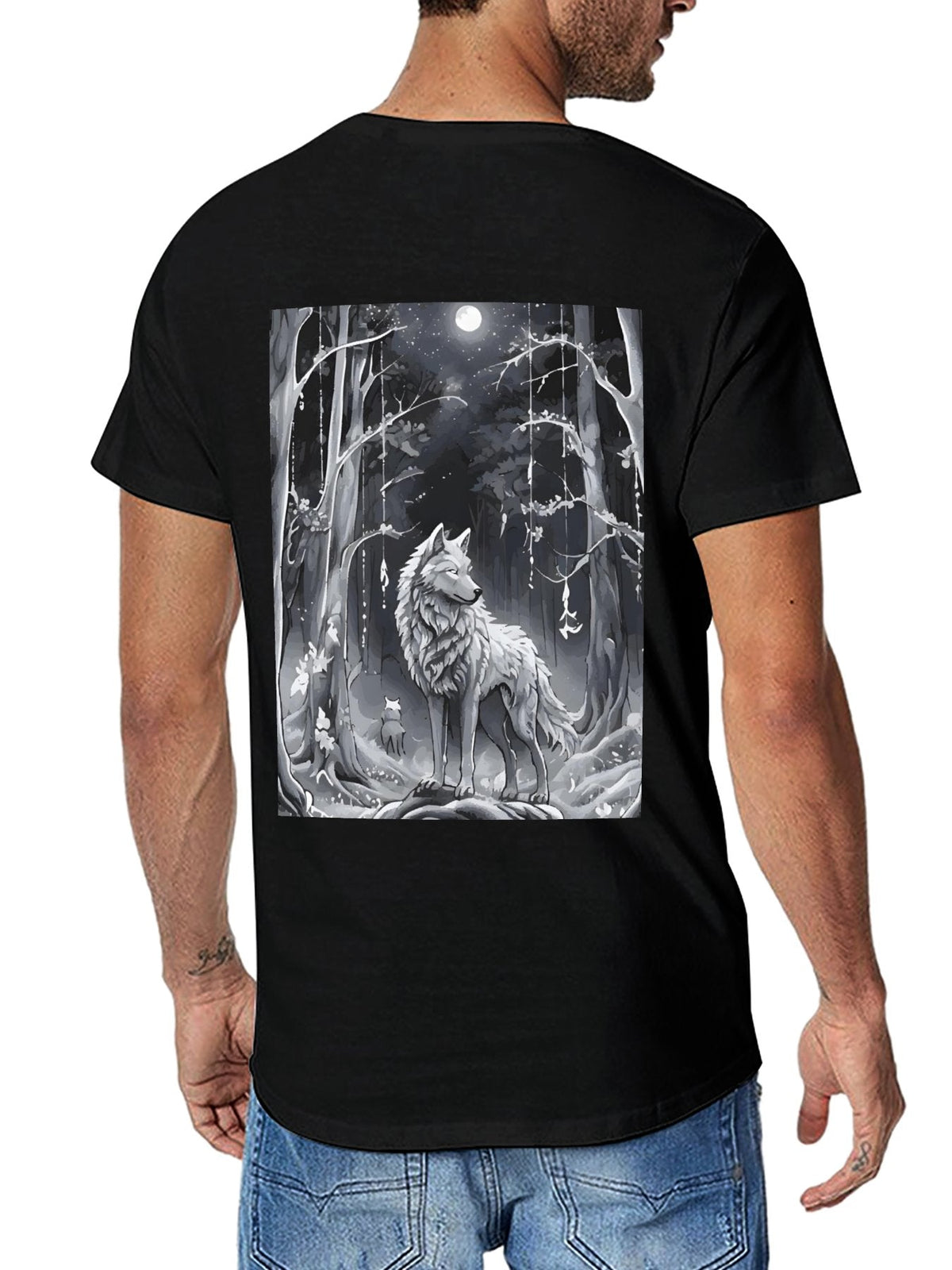 Ethereal Wolf in the Moonlight Short Sleeve Graphic T-Shirt (Back Printing)