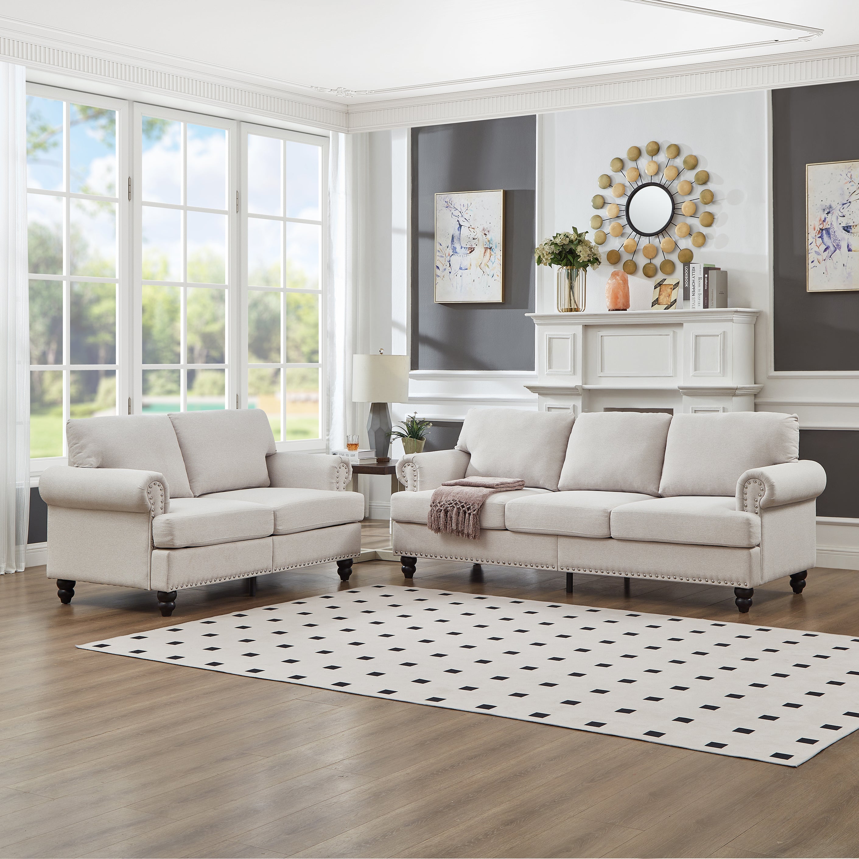 Modern Classic Design with Nails Living Room 2+3 seater Sofa Fabric Couch,Upholstered Polyester Beige.