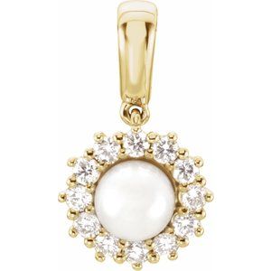 14K Yellow Gold Cultured White Freshwater Pearl & 1/3 CTW Natural Diamond Pendant