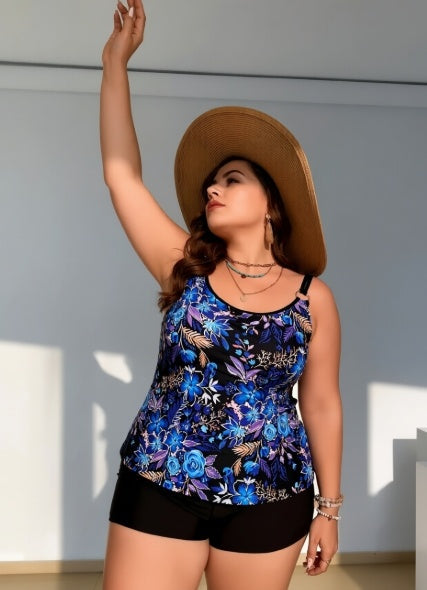 Women's Plus Size Blue Floral Two-piece Casual Swimsuit