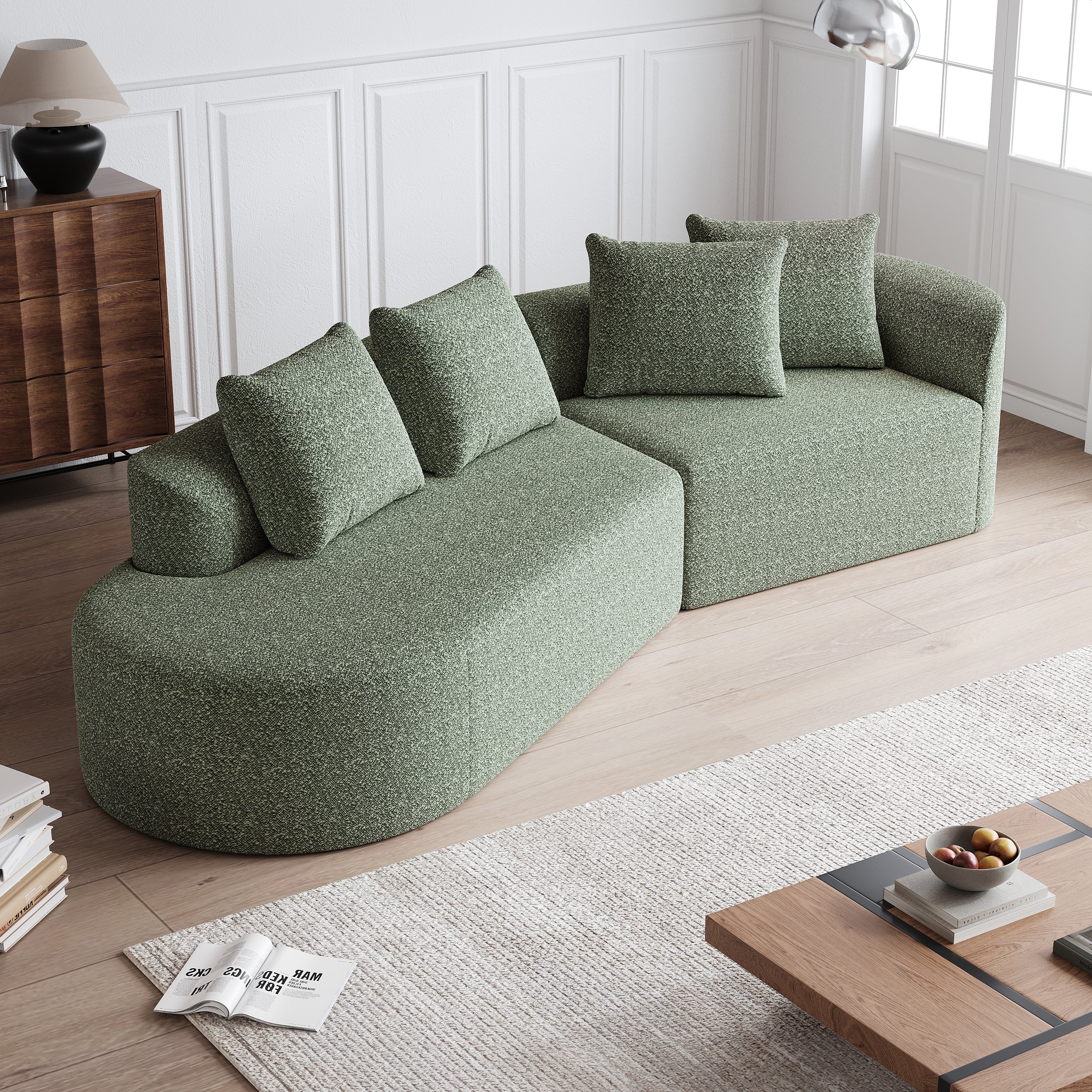 Modern Upholstered Oversized Sectional Sofa, 112-Inch Chenille 4-Seater Extra Deep & Wide Seat Curved Cloud Couch with 4 Throw Pillows, Free Combination Sofa Couch for Living Room,Bedroom
