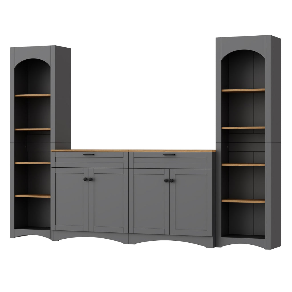 ON-TREND 3-Piece Farmhouse Entertainment Center with Storage Cabinet for TVs Up to 70', Mid-Century TV Stand with Bookshelf, Rustic Versatile Sideboard with Adjustable Shelves for Living Room, Grey