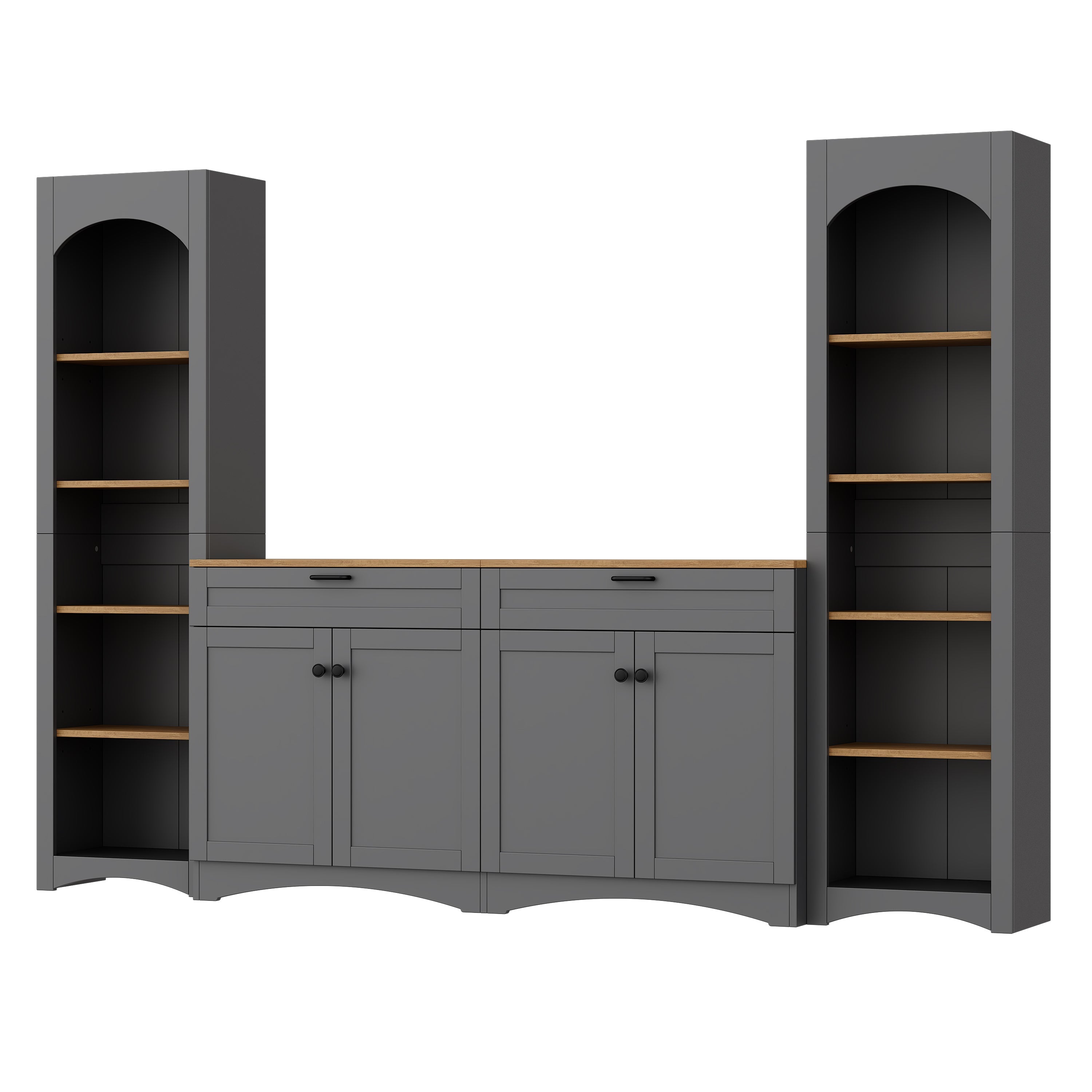 ON-TREND 3-Piece Farmhouse Entertainment Center with Storage Cabinet for TVs Up to 70', Mid-Century TV Stand with Bookshelf, Rustic Versatile Sideboard with Adjustable Shelves for Living Room, Grey