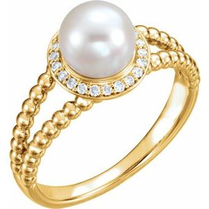 14K Yellow Gold Cultured White Freshwater Pearl & .08 CTW Natural Diamond Halo-Style Beaded Ring
