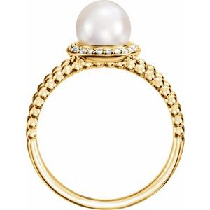 14K Yellow Gold Cultured White Freshwater Pearl & .08 CTW Natural Diamond Halo-Style Beaded Ring