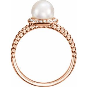 14K Rose Gold Cultured White Freshwater Pearl & .08 CTW Natural Diamond Halo-Style Beaded Ring